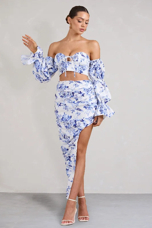 Elegant Maxi Dresses -Holiday | Blue Floral Ruched Asymmetric Maxi Skirt