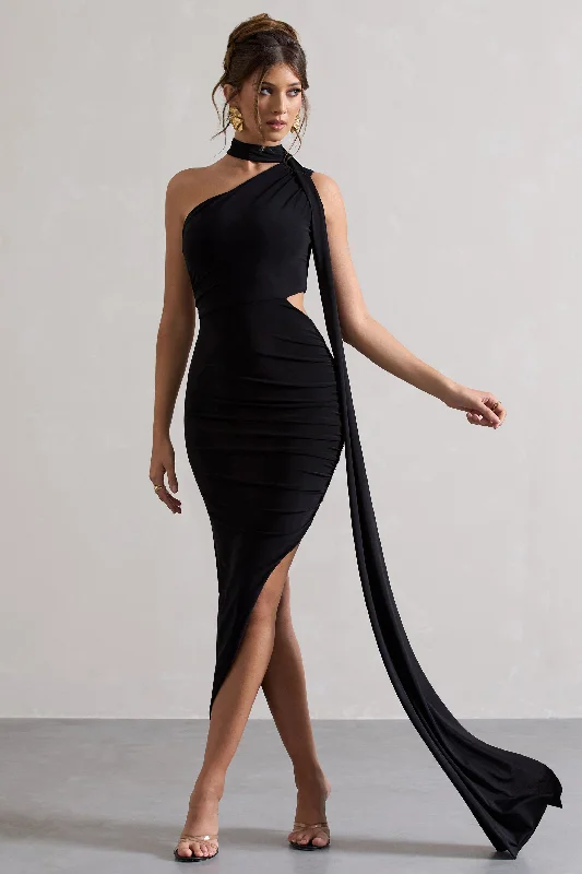 Cool-Hue Maxi Dresses -Icon | Black One Shoulder Cut-Out Maxi Dress With Scarf