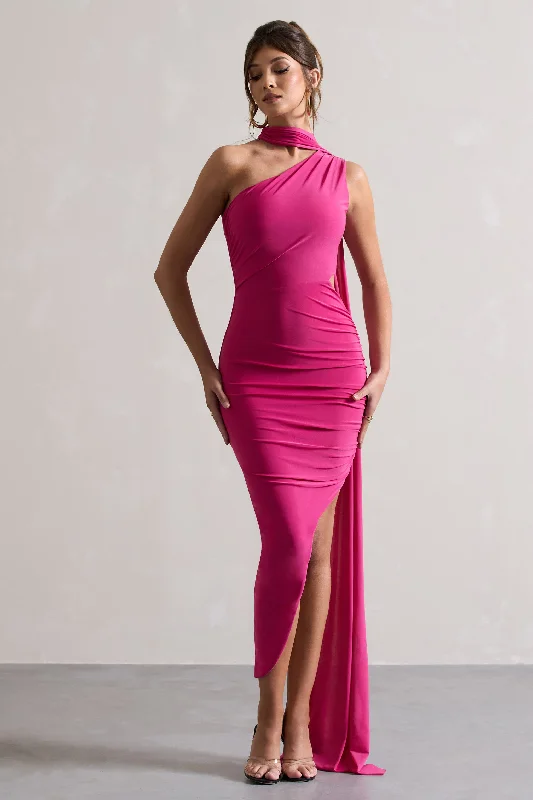 Sheer Maxi Dresses for Depth -Icon | Dark Pink One Shoulder Cut-Out Maxi Dress With Scarf