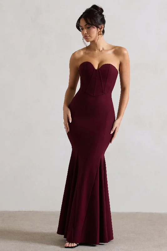 Shiny-Silk Maxi Dresses -Idyllic | Burgundy Strapless Corset Style Fishtail Maxi Dress