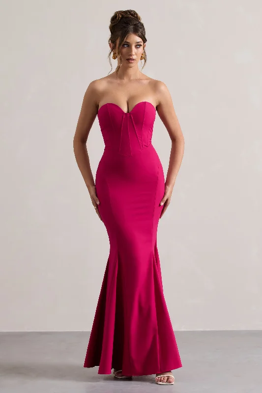 Stretch Maxi Dresses -Idyllic | Hot Pink Strapless Corset Style Fishtail Maxi Dress