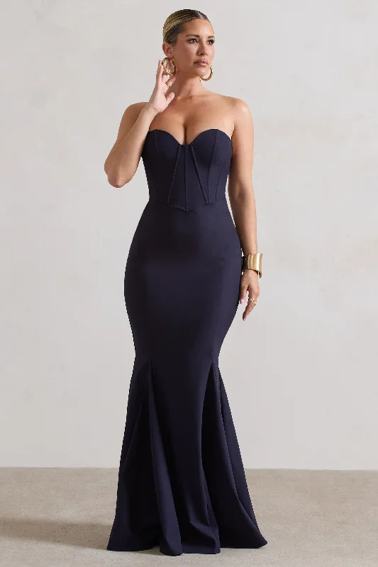 Maxi Dresses for Music Events -Idyllic | Navy Strapless Corset Style Fishtail Maxi Dress