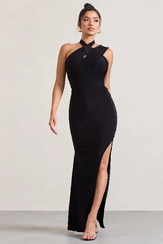 Maxi Dresses for Sunset Dates -Ignite | Black Strappy Halter-Neck Asymmetric Maxi Dress