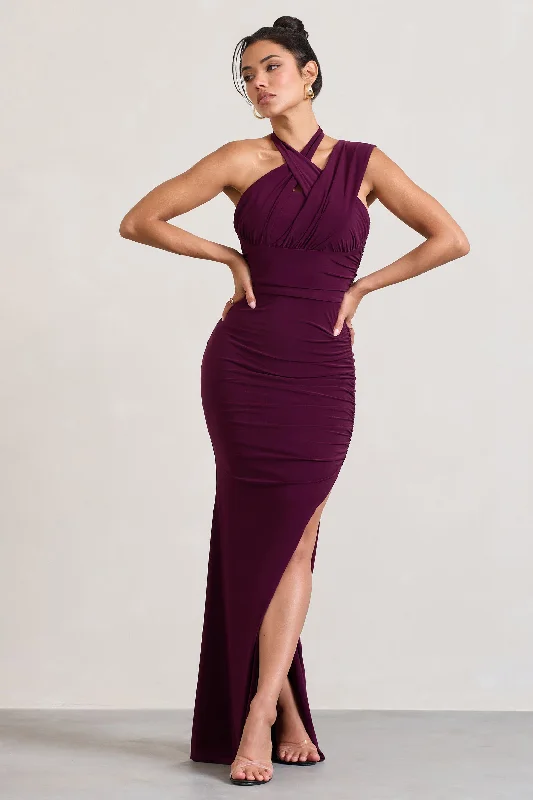 Pastel Maxi Dresses -Ignite | Burgundy Strappy Halter-Neck Asymmetric Maxi Dress