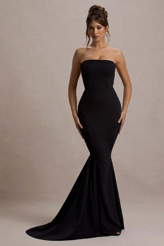 Retro-Hue Maxi Dresses -Impress Me | Black Strapless Bandeau Fishtail Maxi Dress