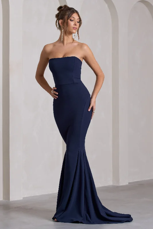 Soft-Silk Maxi Dresses -Impress Me | Navy Strapless Bandeau Fishtail Maxi Dress