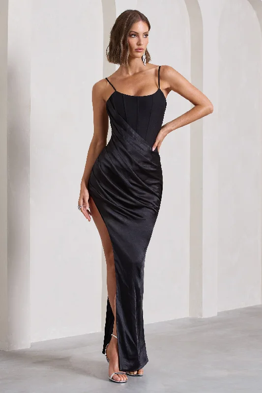 Maxi Dresses for Fall Brunches -In Attendance | Black Satin Draped Corset Split Maxi Dress