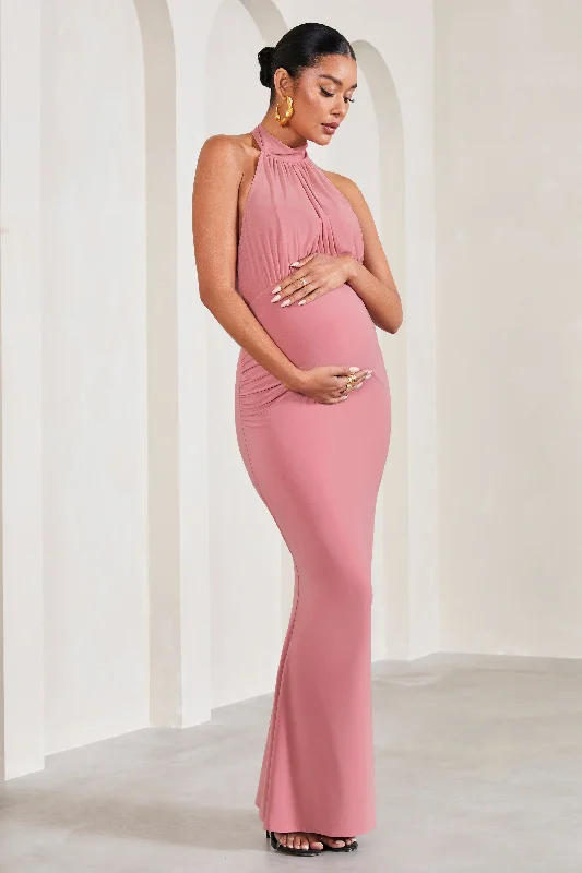 Ruffled-Edge Maxi Dresses -In My Heart | Blush Pink Mesh Halter-Neck Sleeveless Maternity Maxi Dress