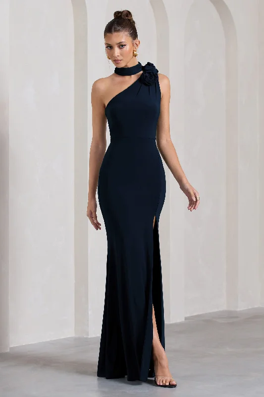 Thin-Wool Maxi Dresses -In Suspense | Navy One Shoulder Halter-Neck Split Maxi Dress With Flower