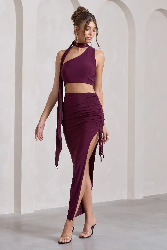 Maxi Dresses for Romantic Dates -In The Air | Plum Ruched Asymmetric High-Waisted Maxi Skirt