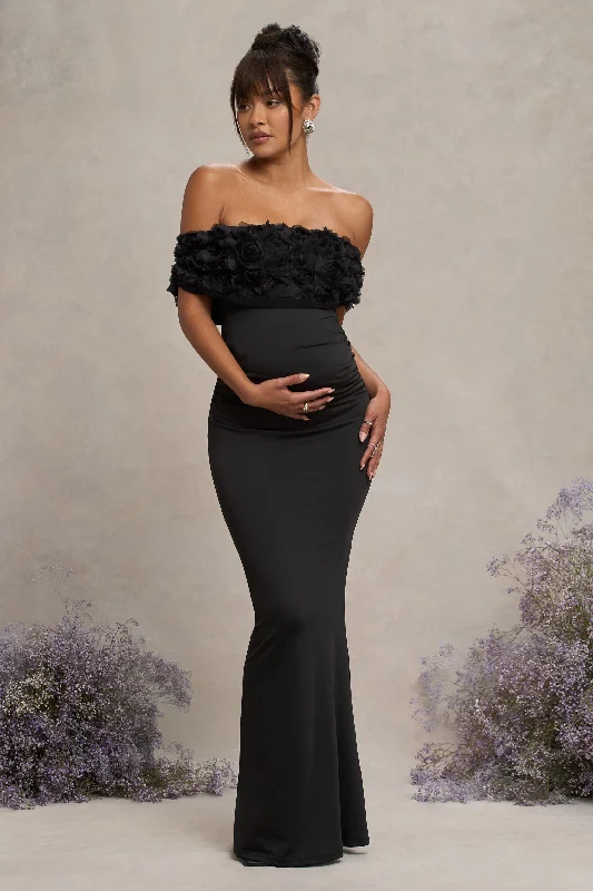 Maxi Dresses for Night Dates -Inflorescence | Black Mesh Floral Bardot Maternity Maxi Dress