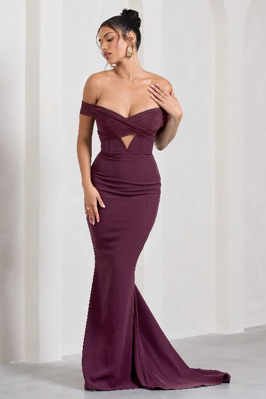 Maxi Dresses for Night Brunches -Inspiration | Burgundy Sheer Bardot Fishtail Maxi Dress