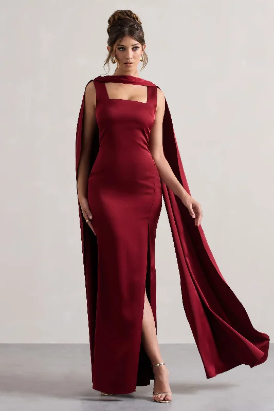 Maxi Dresses for Casual Meets -Intuition | Burgundy Satin Square-Neck Split Maxi Dress With Scarf