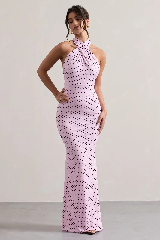 Keyhole-Back Maxi Dresses -Invincible | Pink Polka Dot Cross Over Halter-Neck Open-Back Maxi Dress