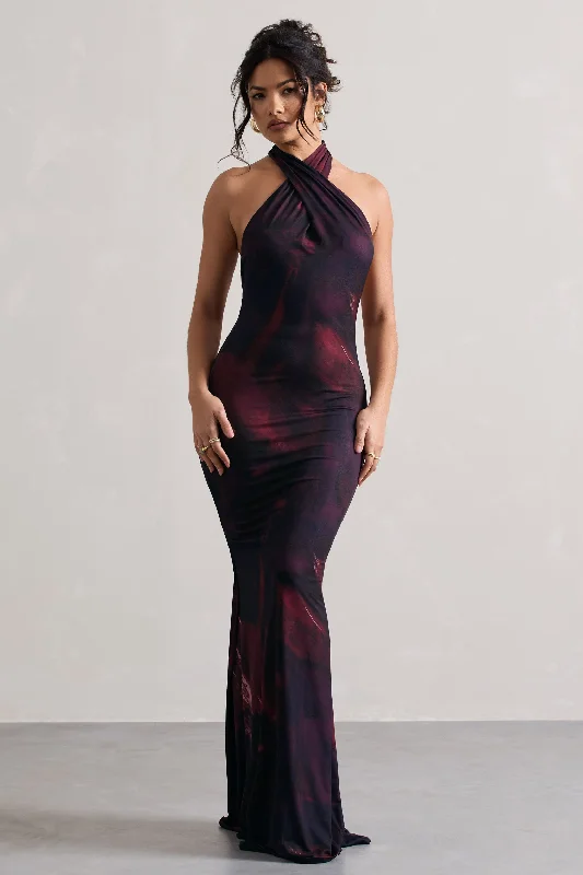 Matte-Velvet Maxi Dresses -Invincible | Plum Print Cross Over Halter-Neck Open-Back Maxi Dress