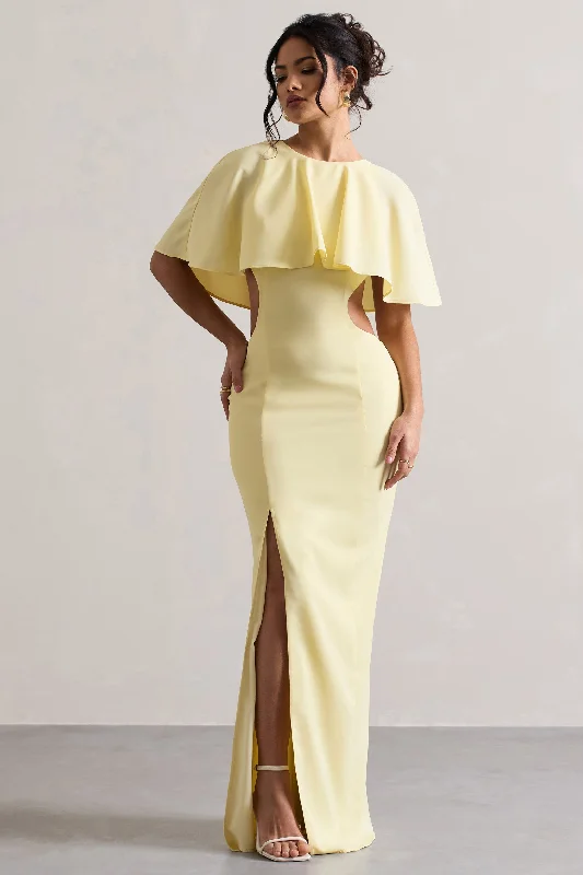 Pure-Velvet Maxi Dresses -Isadora | Pastel Yellow Cut-Out Split Maxi Dress With Cape