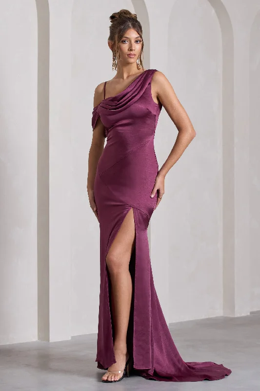 Soft-Cotton Maxi Dresses -Jayne | Plum Satin Asymmetric Draped Split Maxi Dress