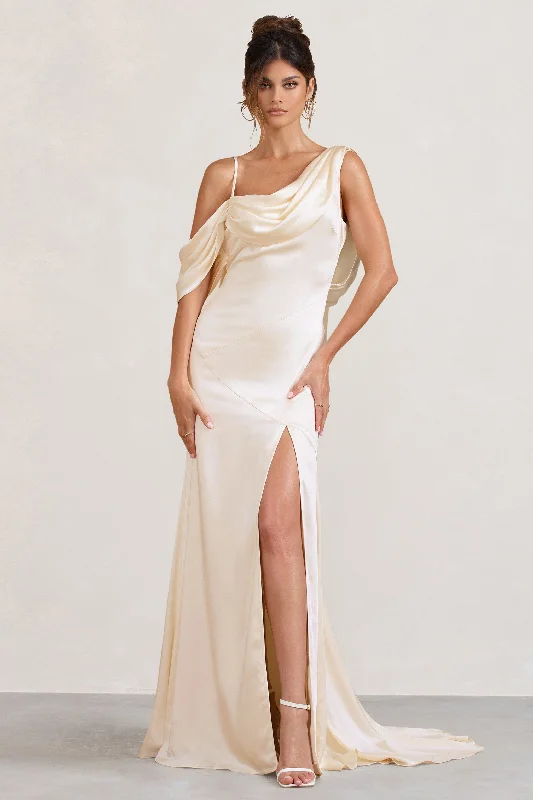 Puff-Hem Maxi Dresses -Jayne | Cream Satin Asymmetric Draped Split Maxi Dress