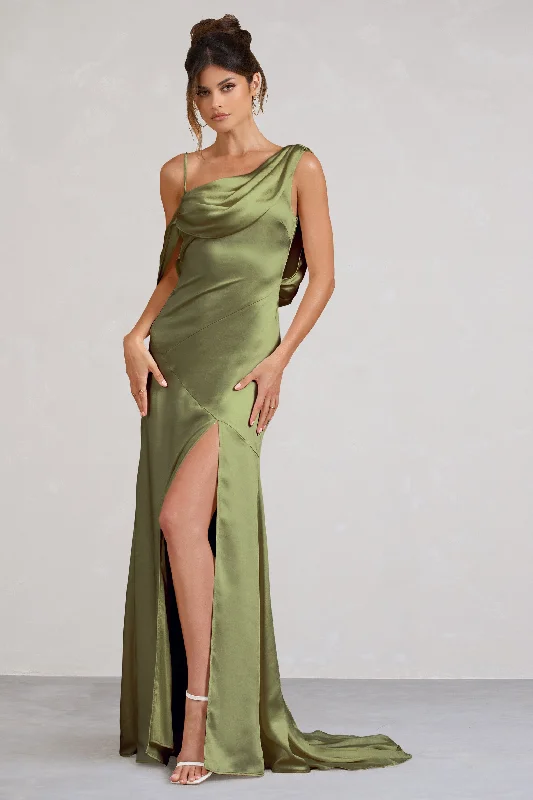 Maxi Dresses for Casual Dates -Jayne | Olive Satin Asymmetric Draped Split Maxi Dress