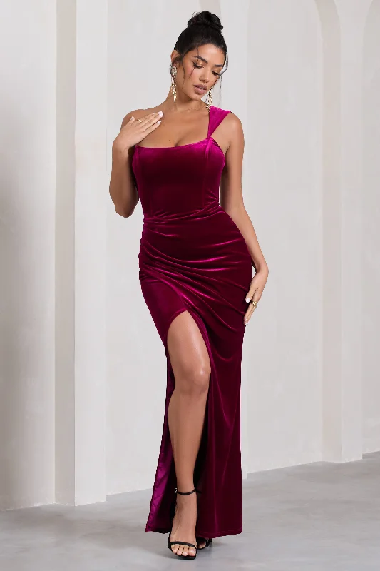 Shiny-Satin Maxi Dresses -Jessica | Berry Velvet One Shoulder Corset Style Wrap Maxi Dress