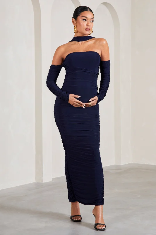 Twist-Back Maxi Dresses -Joy | Navy Ruched Long-Sleeved Maternity Maxi Dress With Halter Collar