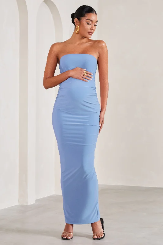 Side-Back Maxi Dresses -Juniper | Powder Blue Strapless Maternity Maxi Dress