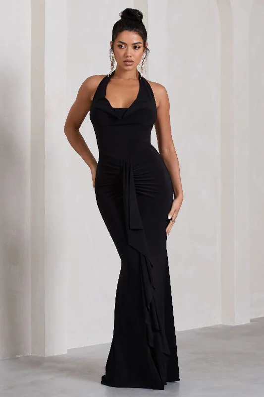 Smooth-Wool Maxi Dresses -Kaia | Black Ruched Cowl-Neck Maxi Dress With Drape