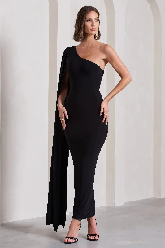 Smooth-Velvet Maxi Dresses -Kamila | Black One Shoulder Cape Sleeve Open-Back Maxi Dress