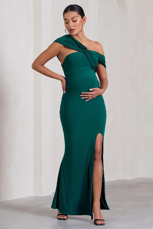 Maxi Dresses for Casual Events -Kara | Bottle Green Asymmetric Twisted Bardot Split Maternity Maxi Dress