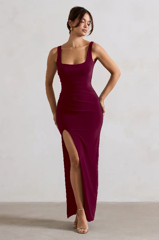 Maxi Dresses for Spring Fun -Kate | Berry Square Neck Maxi Dress with Plunge Back and Side Thigh Split