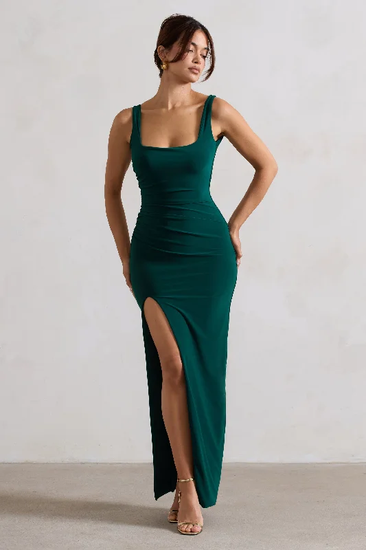 Maxi Dresses for Sunset Dates -Kate | Bottle Green Square Neck Maxi Dress with Plunge Back and Side Thigh Split