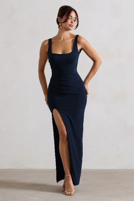 Maxi Dresses for Lunch Dates -Kate | Navy Square Neck Maxi Dress with Plunge Back and Side Thigh Split