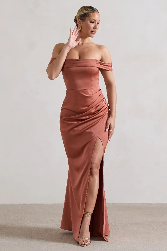 Bold-Hue Maxi Dresses -Katia | Rust Satin Bardot Maxi Dress