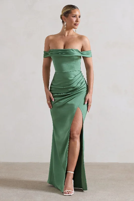 Maxi Dresses for Day Trips -Katia | Soft Green Satin Bardot Maxi Dress