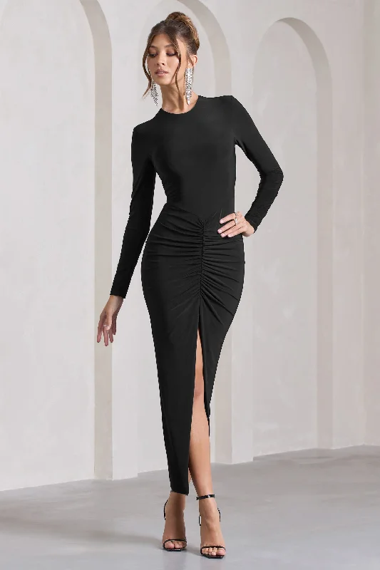 Maxi Dresses for Night Fun -Katy | Black Ruched Long-Sleeve Split Maxi Dress