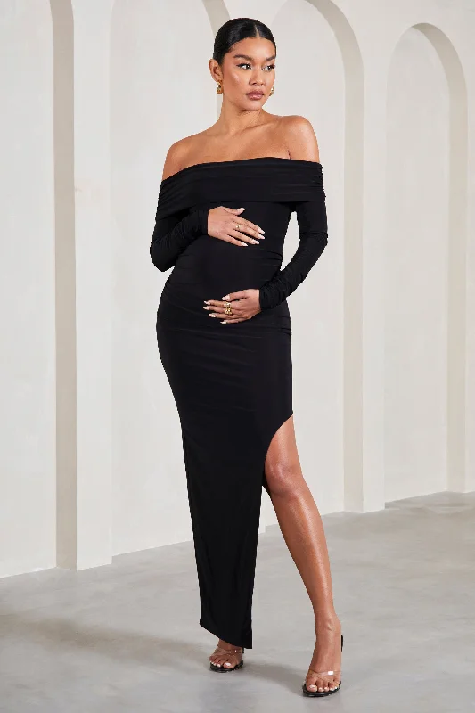 Lace-Accent Maxi Dresses -Kaylee | Black Ruched Strapless Long-Sleeved Split Maternity Maxi Dress