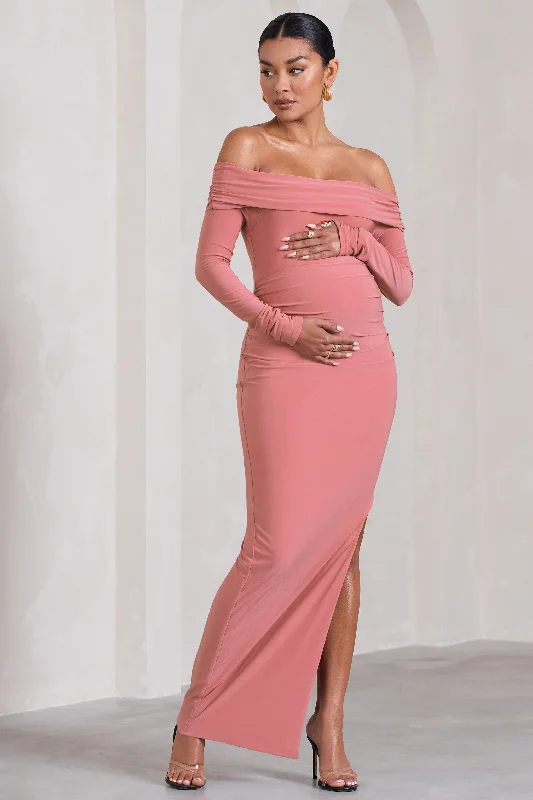 Tie-Back-Design Maxi Dresses -Kaylee | Blush Pink Ruched Strapless Long-Sleeved Split Maternity Maxi Dress