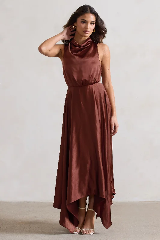 Maxi Dresses for Game Nights -Kerri | Chocolate Brown Satin Cowl-Neck Maxi Dress