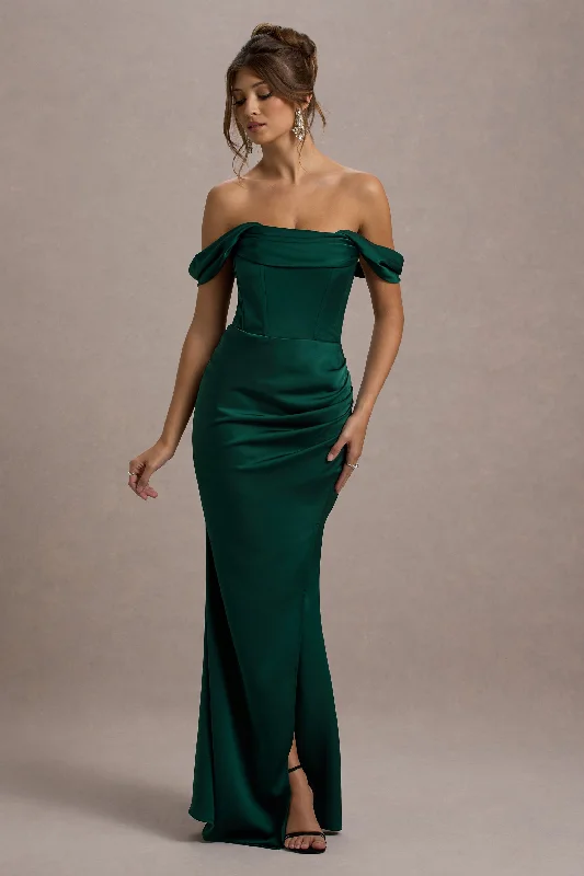 Maxi Dresses for Summer Picnics -Kimberly | Bottle Green Bardot Satin Maxi Dress