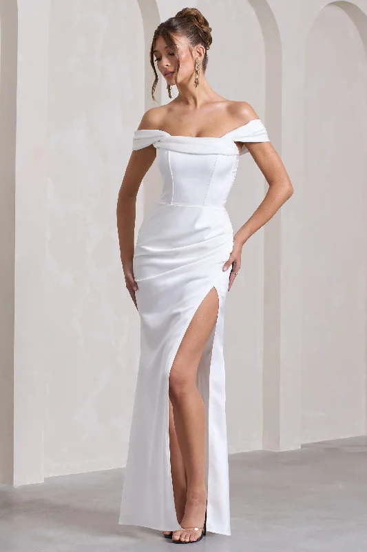 Maxi Dresses for Farewell Dinners -Kimberly | White Bardot Satin Maxi Dress