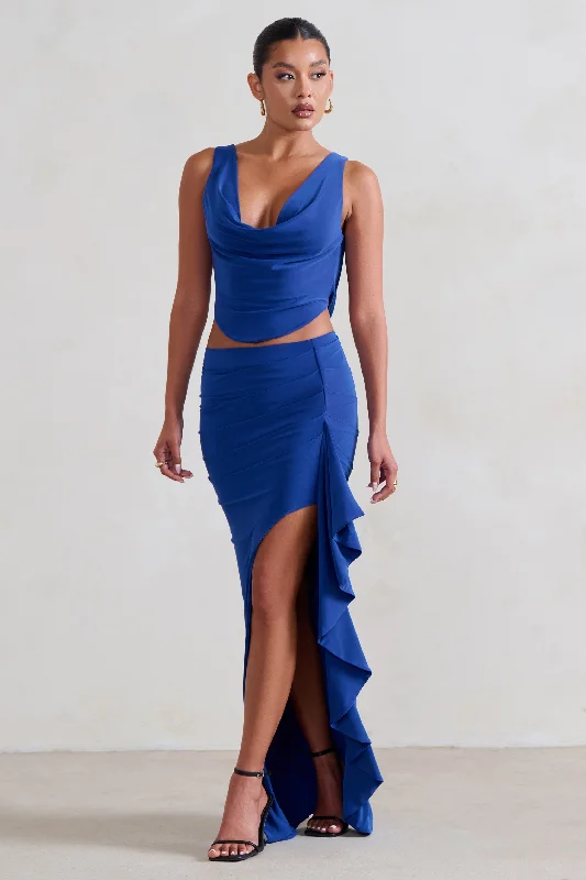 Velvet Maxi Dresses -La Belle | Blue Ruffle Maxi Skirt With Thigh Split