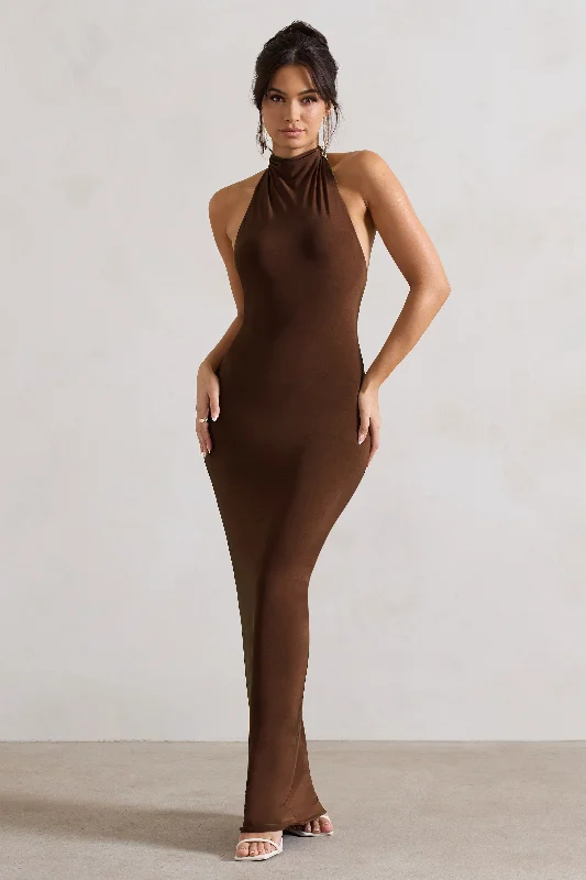 Textured Maxi Dresses -Larisa | Dark Brown Cowl Halter-Neck Maxi Dress With Back Detail