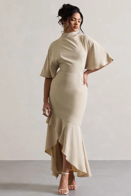 Maxi Dresses for Fun Dates -Lavinia | Champagne High-Neck Flutter-Sleeve Asymmetric Maxi Dress