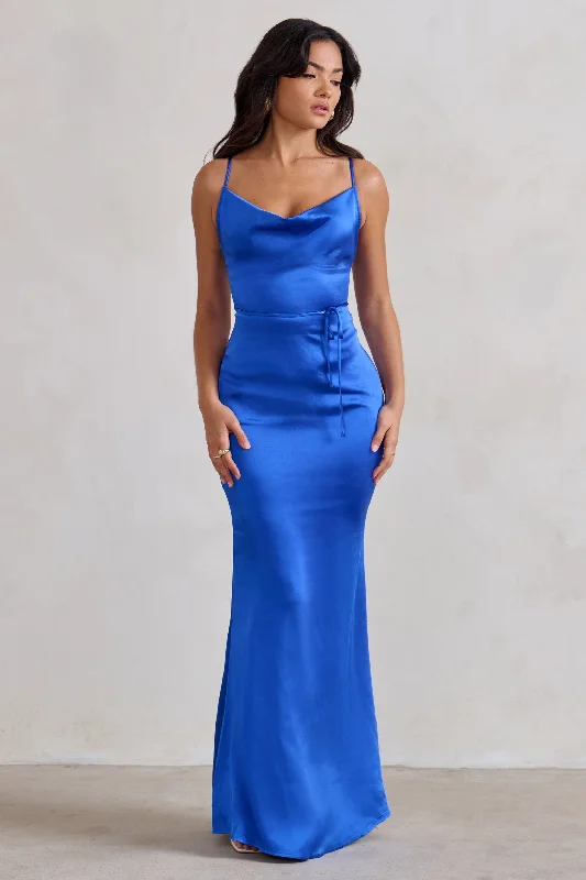 Dotted Maxi Dresses -Lifetime | Cobalt Blue Satin Cowl Neck Maxi Dress With Cross Back Detail