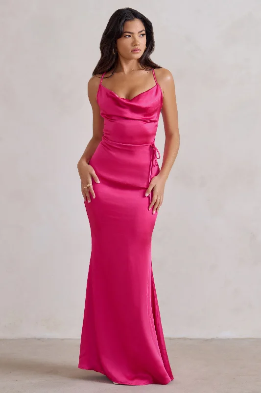 Matte-Finish Maxi Dresses -Lifetime | Fuchsia Pink Satin Cowl Neck Maxi Dress With Cross Back Detail