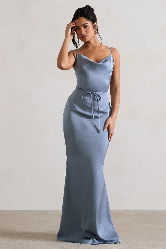 Maxi Dresses for Park Picnics -Lifetime | Slate Blue Satin Cowl Neck Maxi Dress With Cross Back Detail