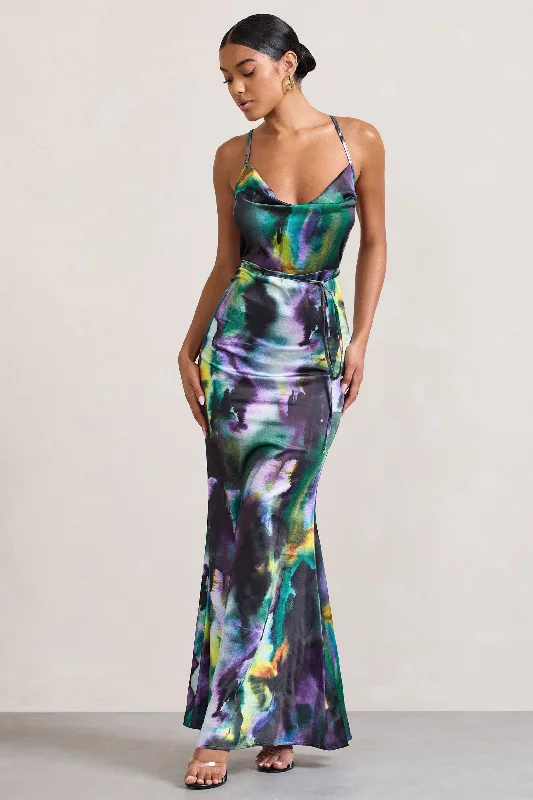 Balloon-Sleeve Maxi Dresses -Lifetime | Watercolour Print Satin Cowl Neck Maxi Dress With Cross Back Detail