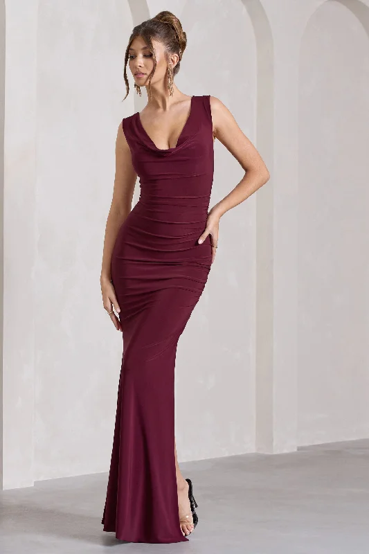 Maxi Dresses for Park Picnics -Lolita | Burgundy Ruched Cowl-Neck Sleeveless Maxi Dress