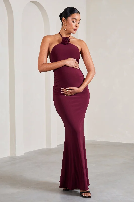 Warm-Silk Maxi Dresses -Loving | Burgundy Halter-Neck Maternity Maxi Dress With Flower Corsage