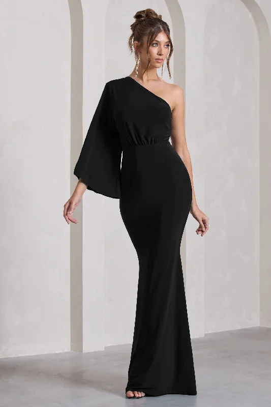 Bright Maxi Dresses for Boldness -Luciana | Black One Shoulder Drape Sleeve Maxi Dress